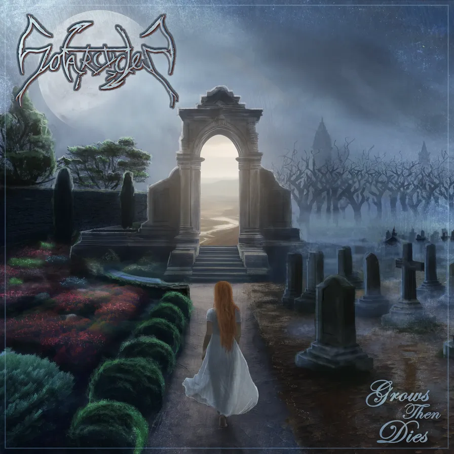 Grows Then Dies cover art: a woman in white walks a garden path between graves toward a stone archway