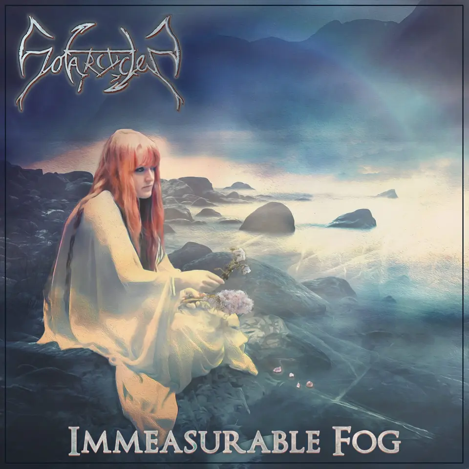 Immeasurable Fog cover art: a red-haired woman in white sits on a rock by a misty shore, holding pale flowers