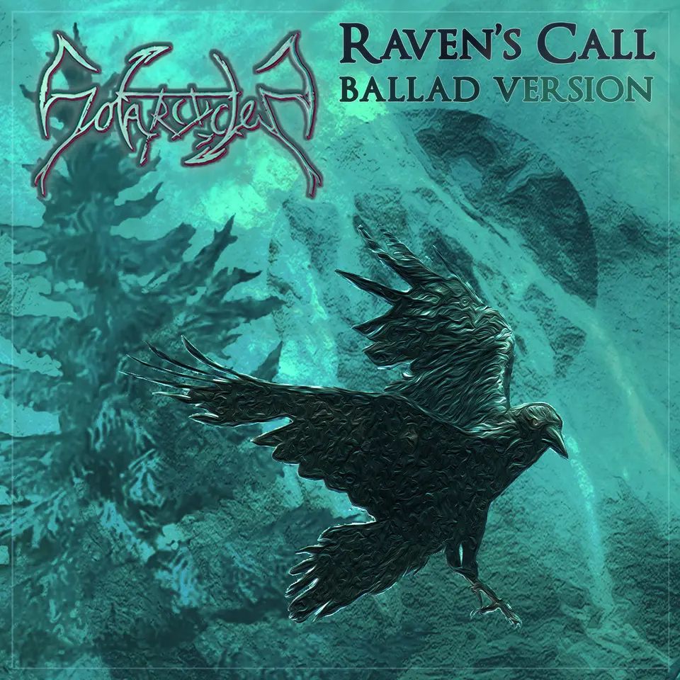 Raven’s Call (Ballad Version) cover art: a raven in flight past a pine tree and mountains, in deep teal