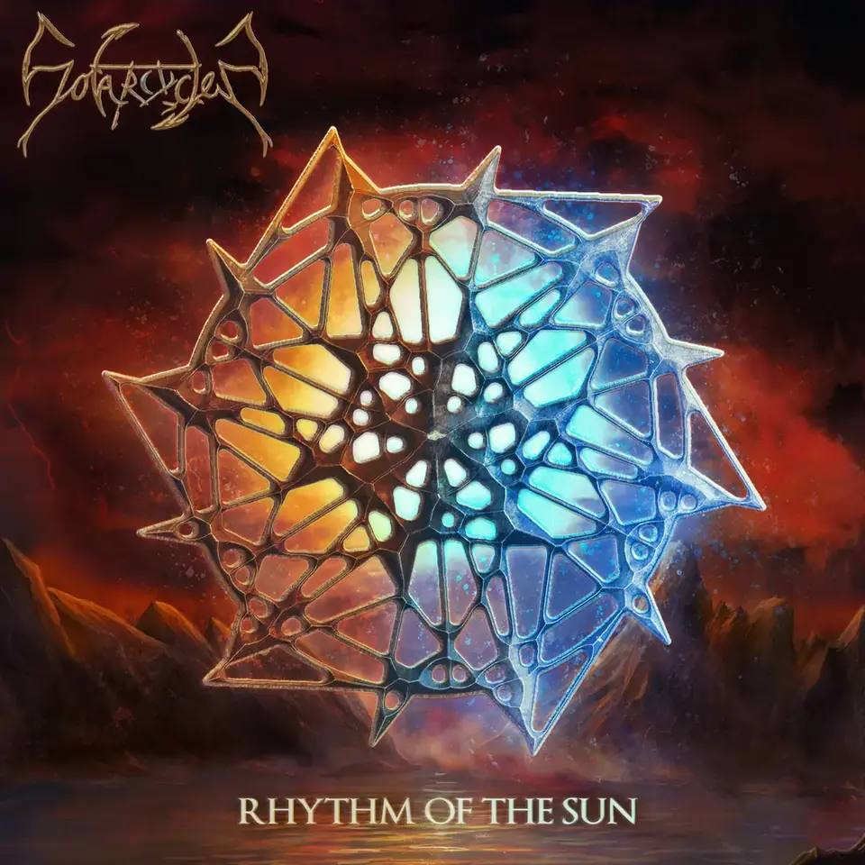 Rhythm of the Sun cover art: a many-pointed star of stained glass, lit in gold and ice blue, over a red mountain valley