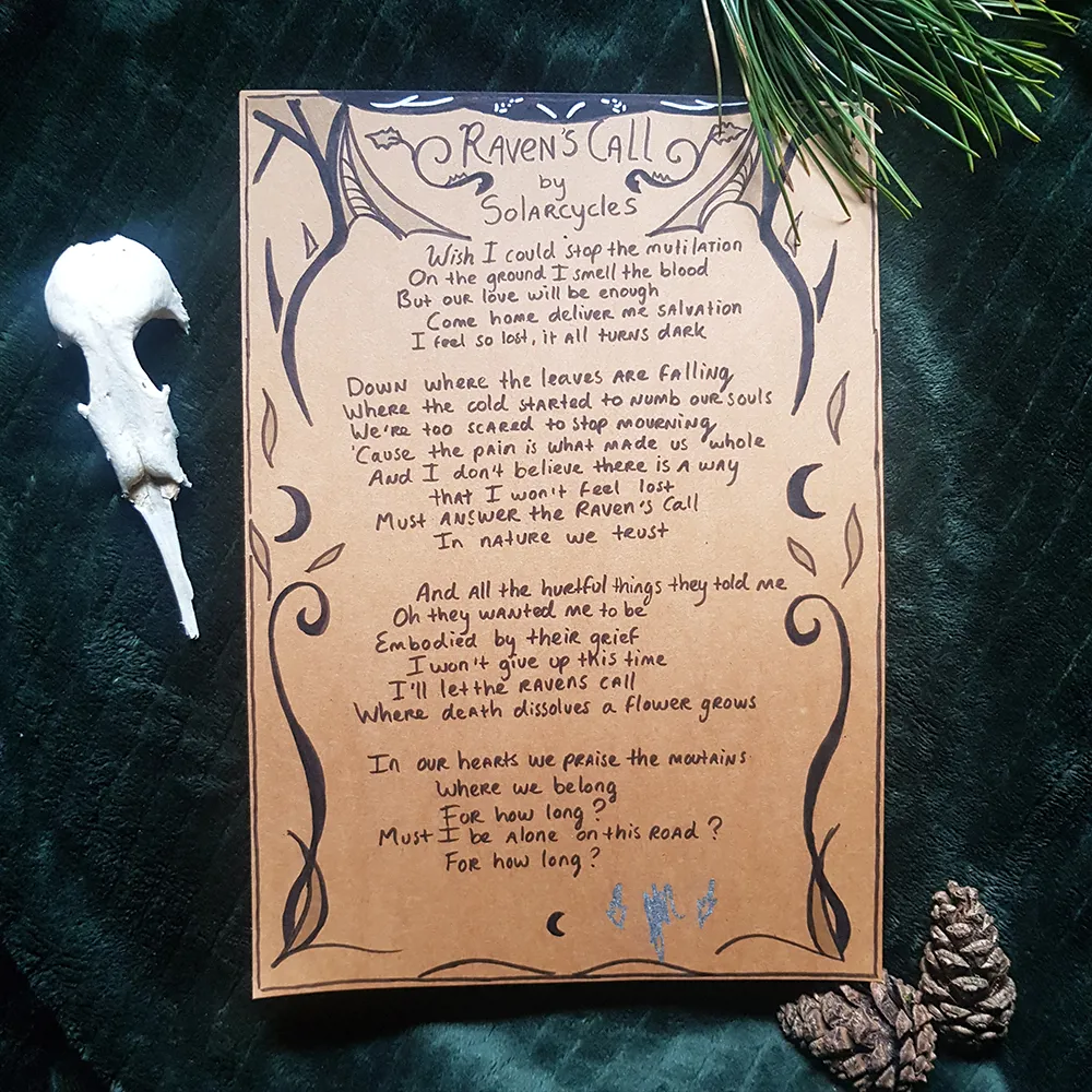 Handmade lyrics sheet - Raven's Call